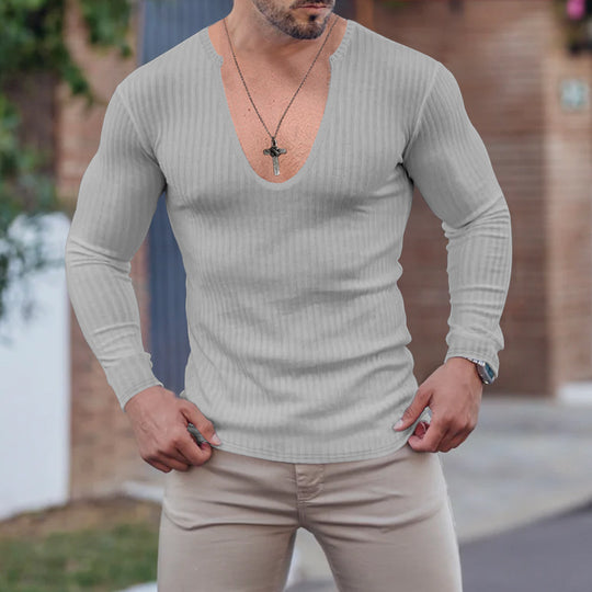 Herren langarm V-Ausschnitt Shirt mit strukturiertem Design EB