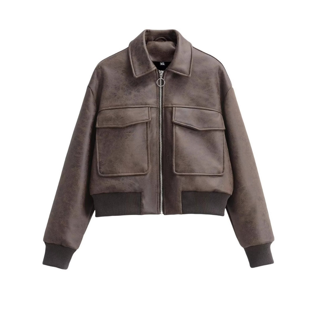 Damen nan kurzer Bomberjacke in Veloursleder‑Optik mit großen Pattentaschen und Rippbündchen EB