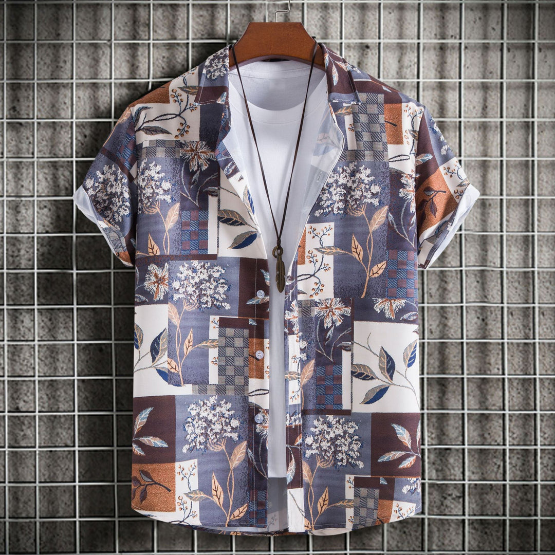 Herren Kurzarmhemd mit floralem Patchwork-Design EB