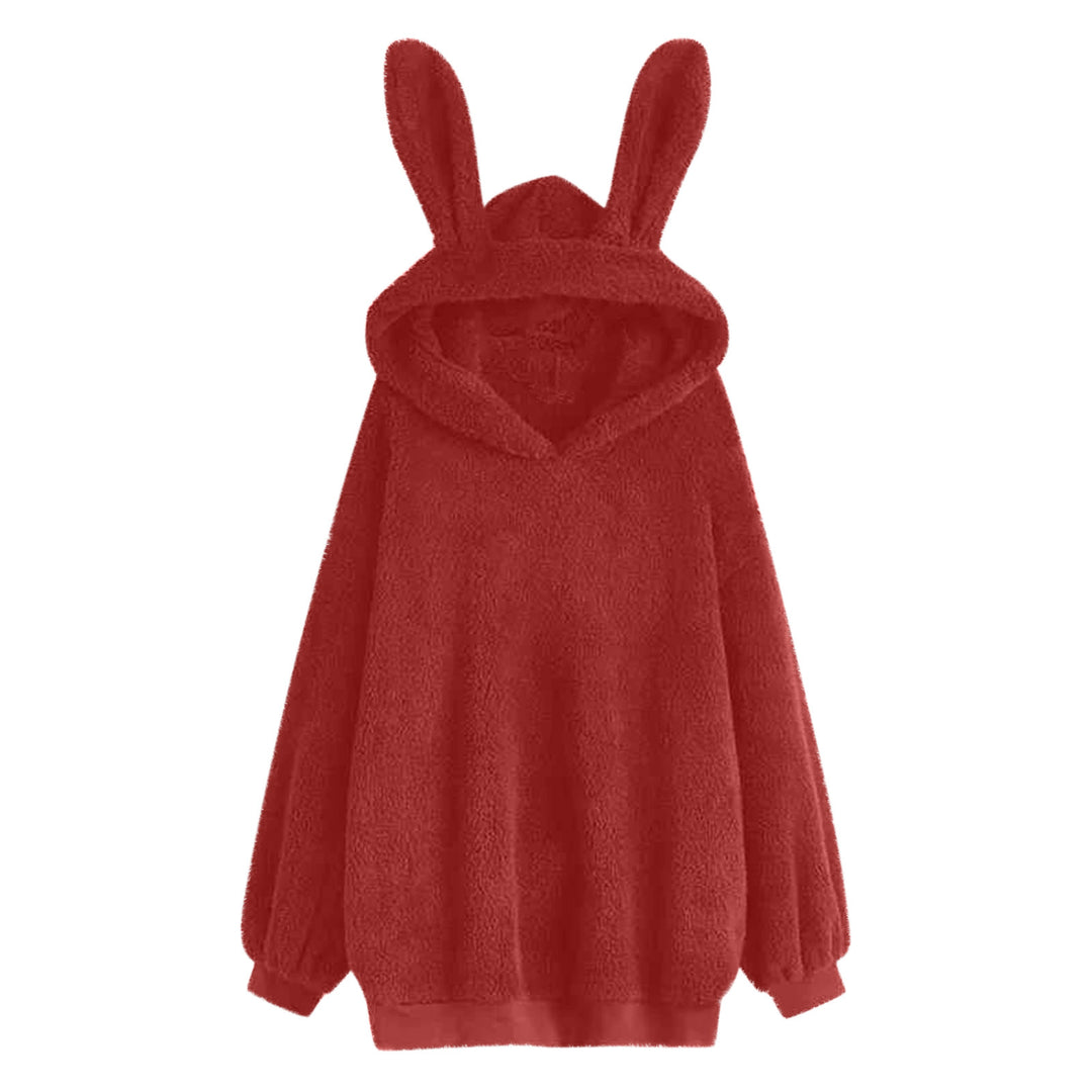 Damen nan flauschiger Oversize-Kapuzenpullover mit langen Hasenohren und gerippten Bündchen EB