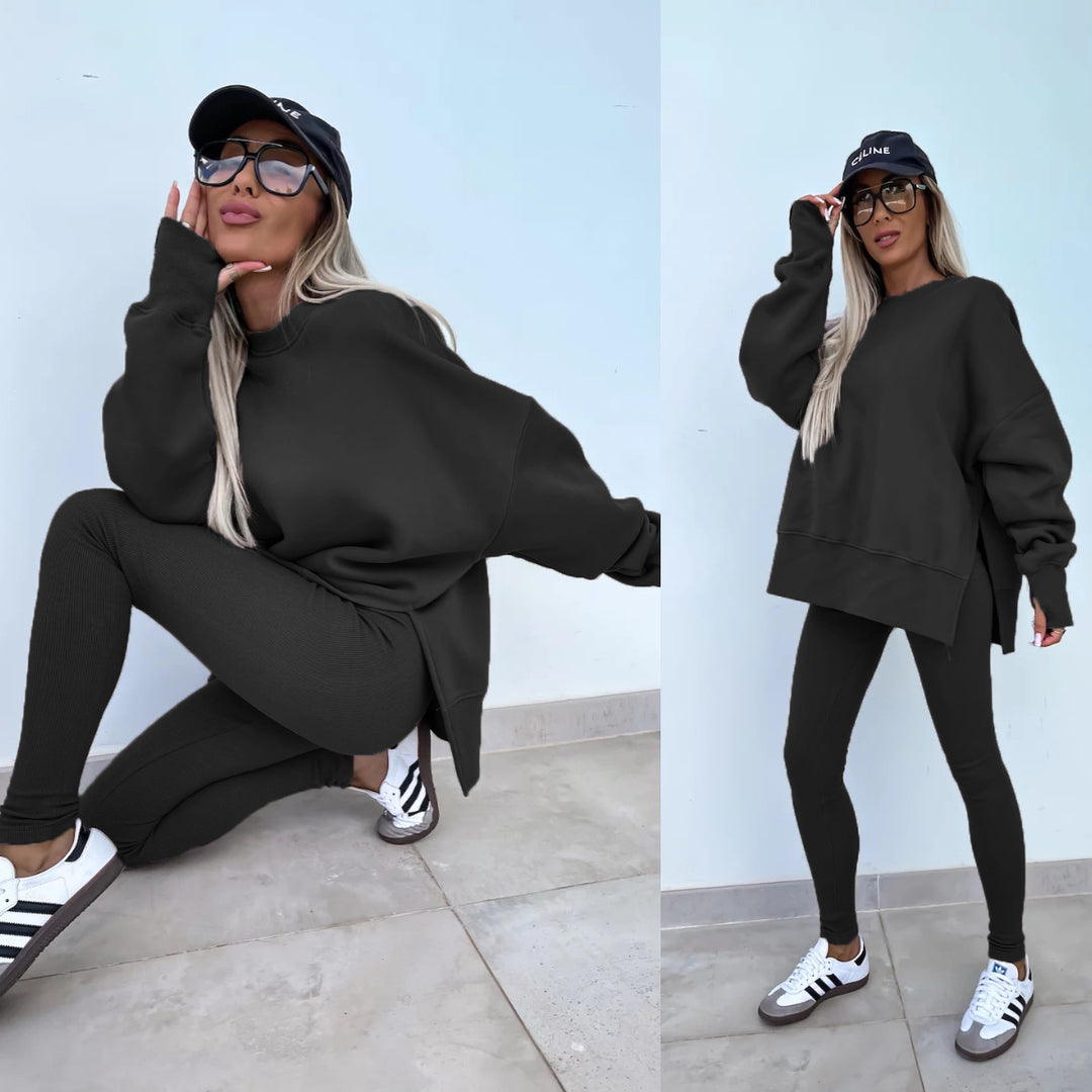 Damen nan Oversize Sweatshirt mit taillierten Rib-Leggings Set EB