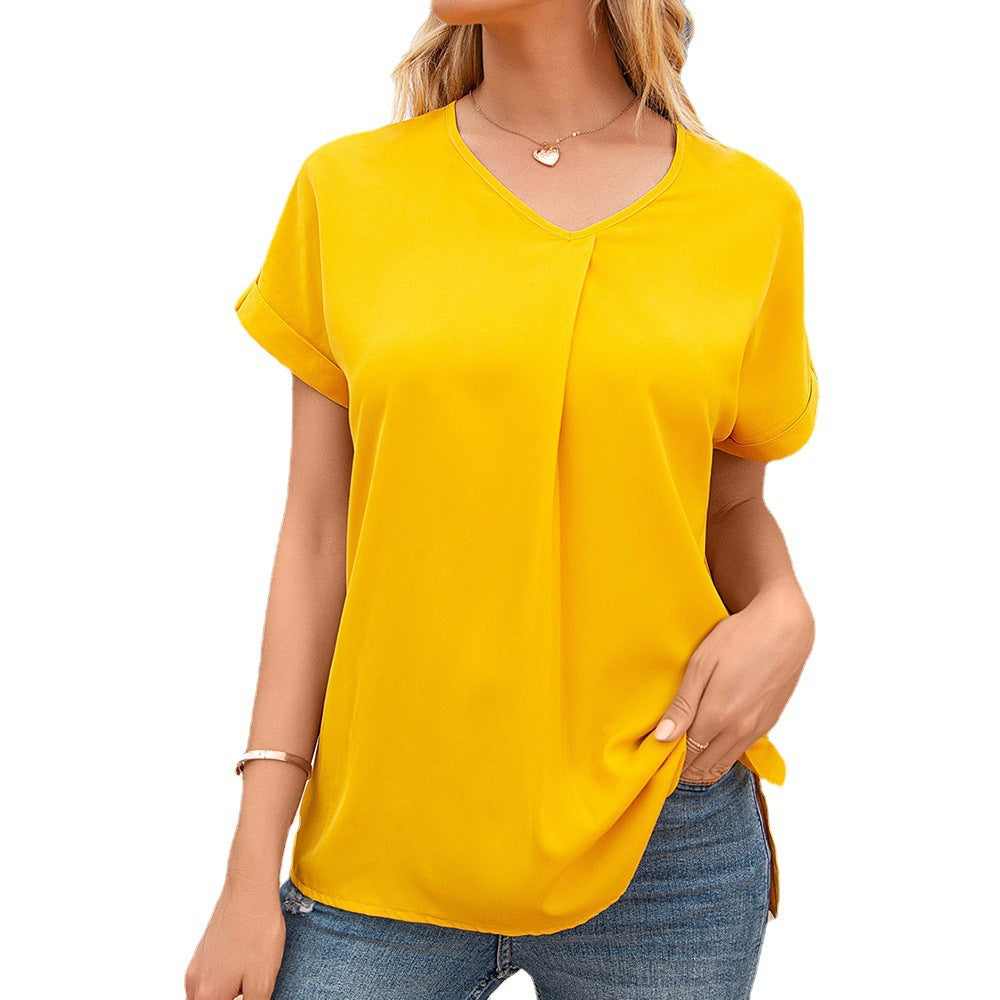 Damen elegantes V-Ausschnitt Bluse mit Falten und seitlichen Schlitzen EB