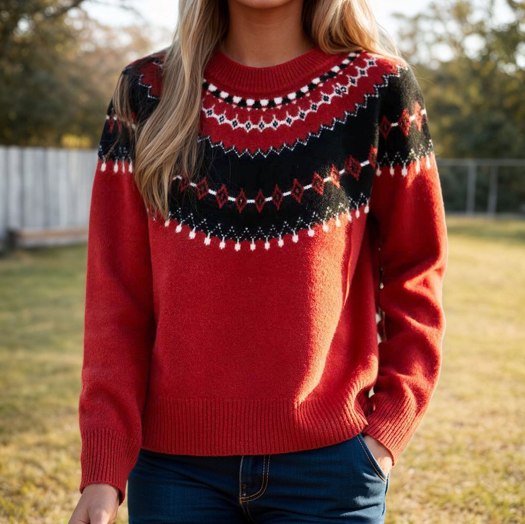 Damen nan Norweger-Pullover mit Rundhalsausschnitt, Jacquard-Yoke und weichem Feinstrick EB