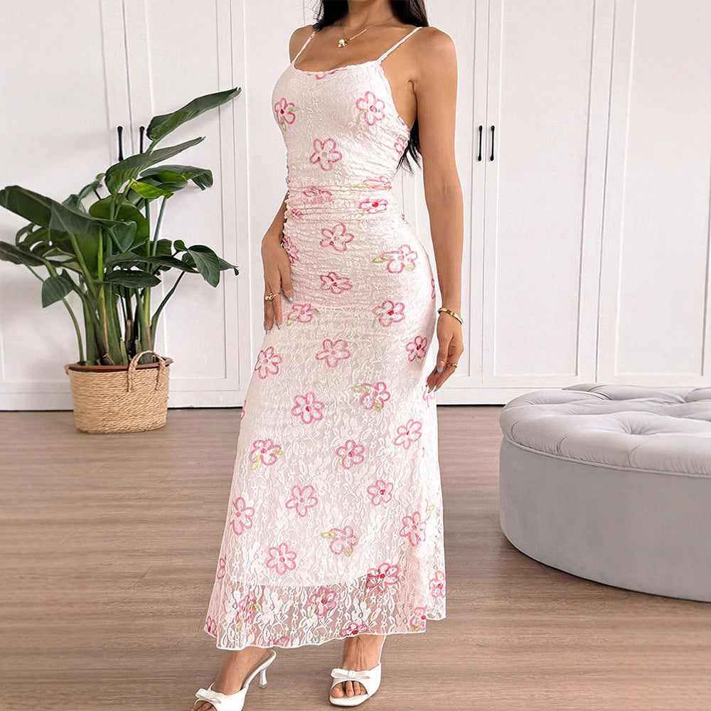 Damen Maxikleid mit floralem Spitzenmuster und verstellbaren Trägern EB