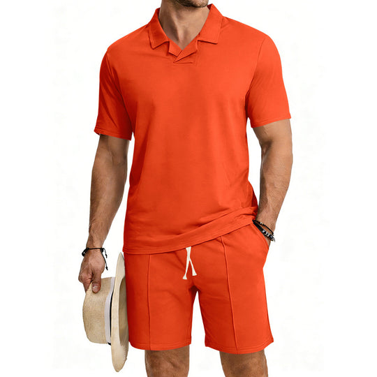Herren nan kurzärmeliges Polo-Lounge-Set mit V-Einsatz am Kragen und Kordelzug-Bermuda EB