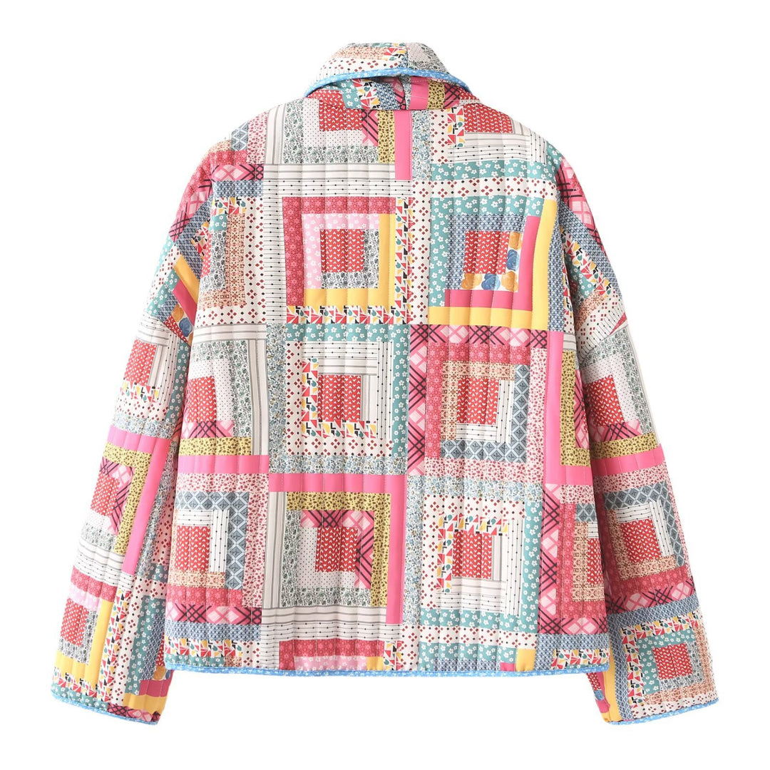 Damen nan gesteppte Patchwork-Kimonojacke mit glänzendem Satinfutter und weitem Schalkragen EB