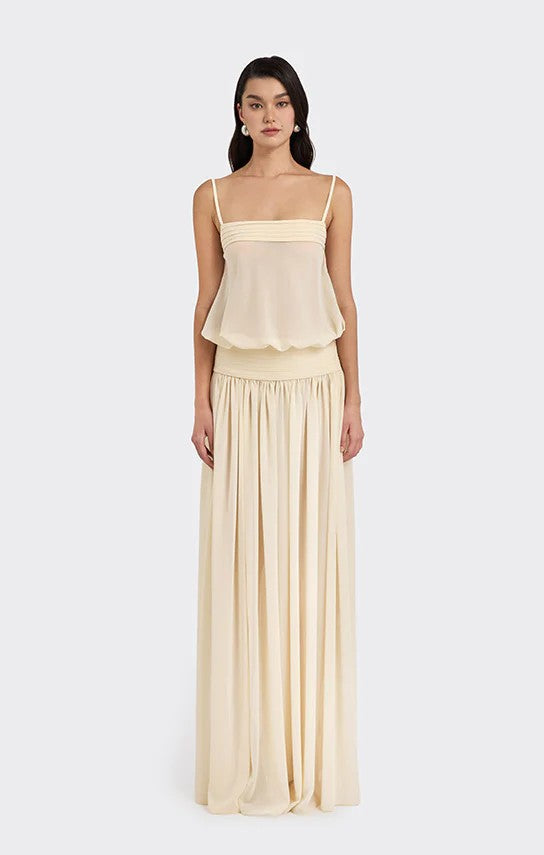 Damen Maxi-Kleid mit fließendem Chiffon-Oberteil und elastischem Bund EB