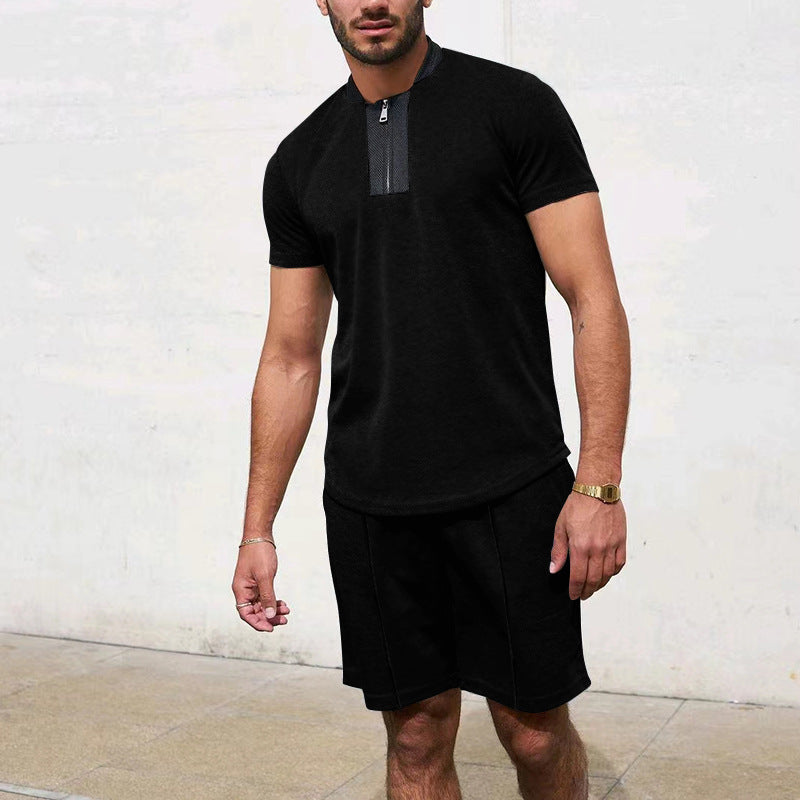 Herren Sportliches Kurzarm-T-Shirt mit Reißverschluss und Joggingshorts EB