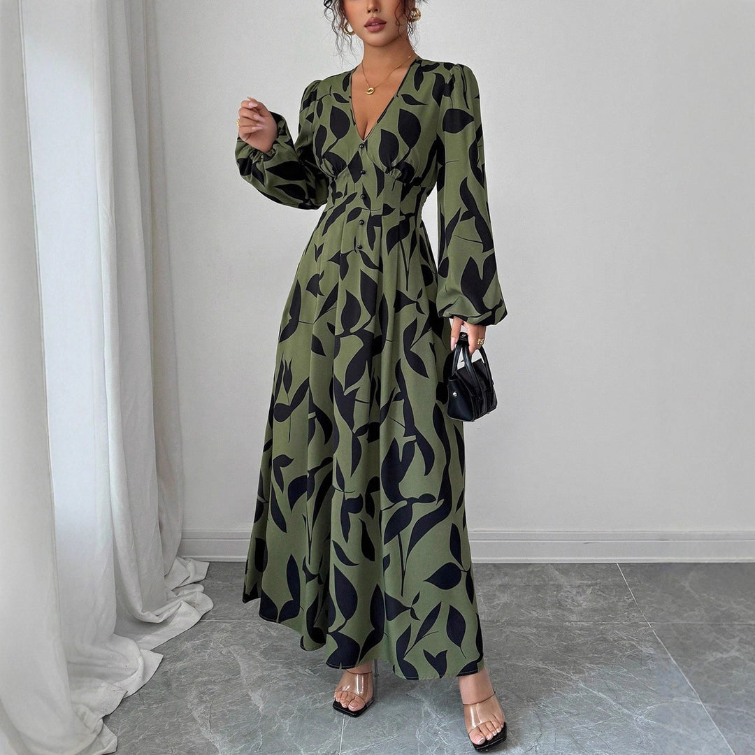 Damen Maxikleid mit taillierter Knopfleiste, V‑Ausschnitt und Ballonärmeln EB