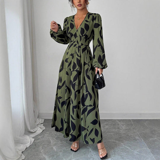Damen Maxikleid mit taillierter Knopfleiste, V‑Ausschnitt und Ballonärmeln EB