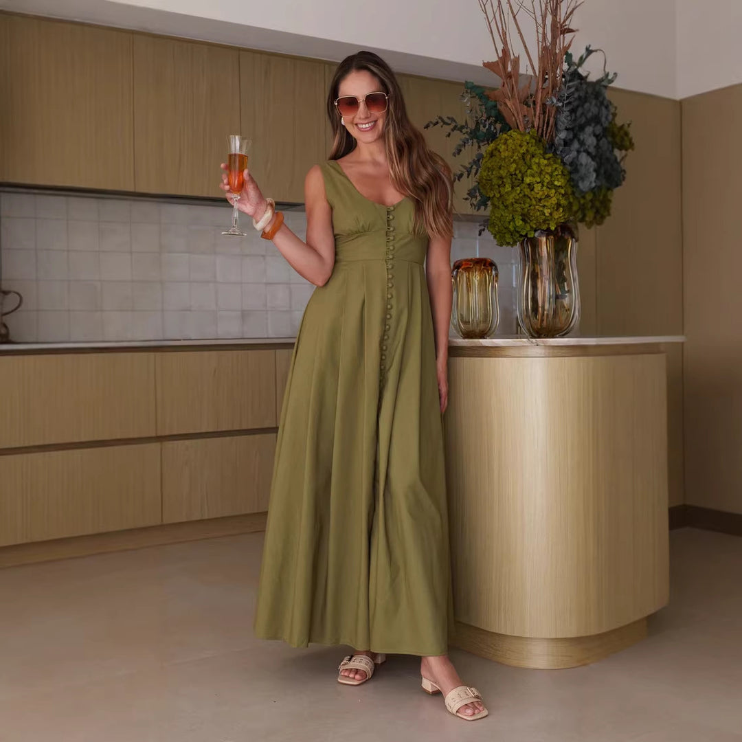 Damen Maxikleid mit schickem Knopfdesign und elegantem V-Ausschnitt EB