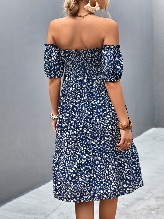 Damen Off-Shoulder Freizeitkleid mit eleganten Puffärmeln und floralen Mustern EB