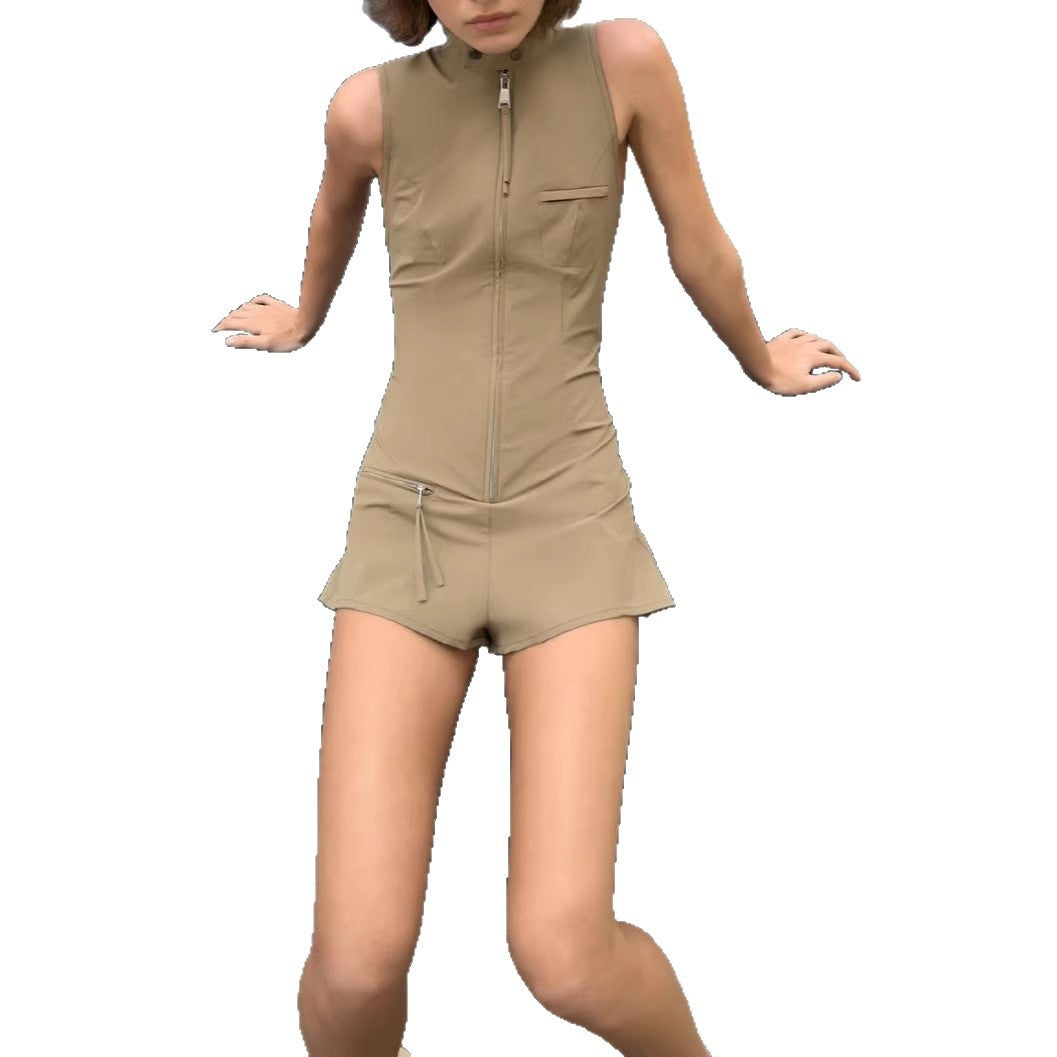 Damen Sportlicher Overall mit hohem Kragen und Reißverschluss EB