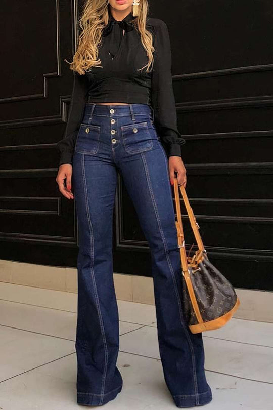 Damen Hochgeschnittene Schlagjeans mit vintage Details und dekorativen Knöpfen EB