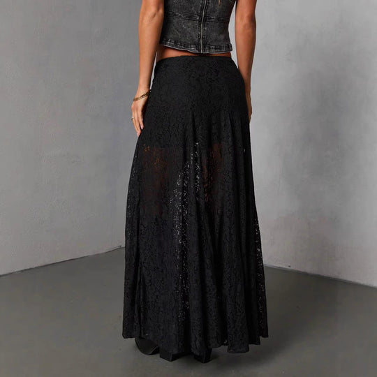 Damen Eleganter Spitzenmaxirock mit fließendem Fall und transparenten Details EB