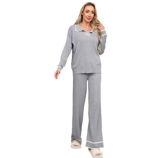Damen modisches Strick-Loungewear-Set mit schickem Kragen und breiten Beinen EB