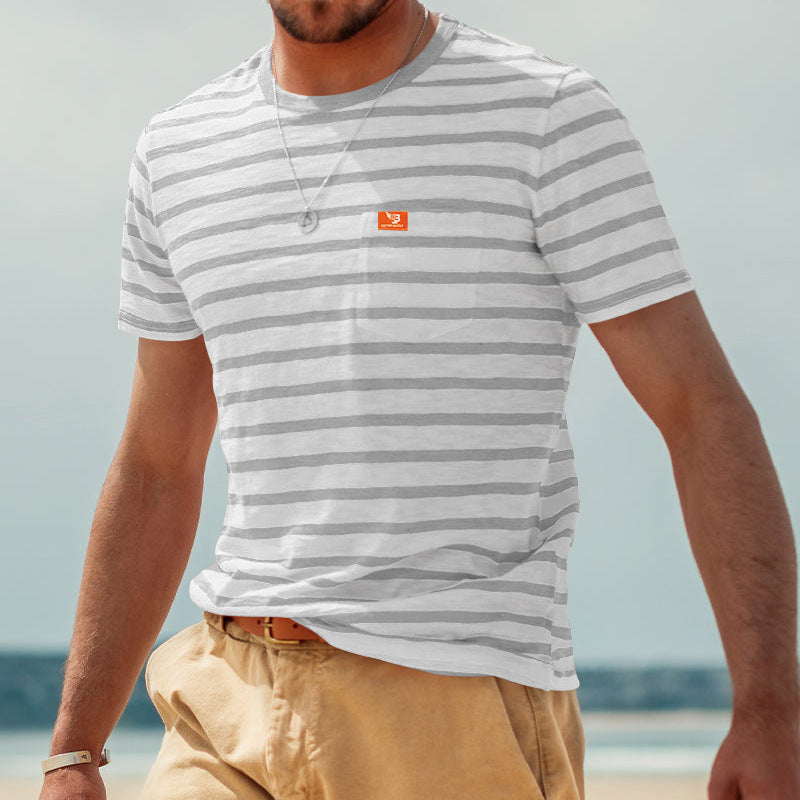 Herren Kurzarm T-Shirt mit maritimem Streifenmuster und praktischer Brusttasche EB