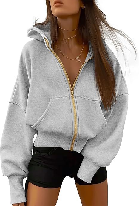 Damen Oversized Kapuzenjacke mit hohem Kragen und goldener Reißverschluss EB