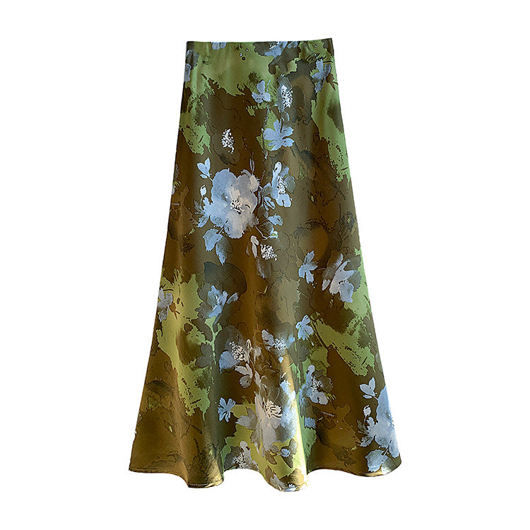 Damen  fließender Midirock mit floralem Print und A-Linie aus satinähnlichem Stoff EB