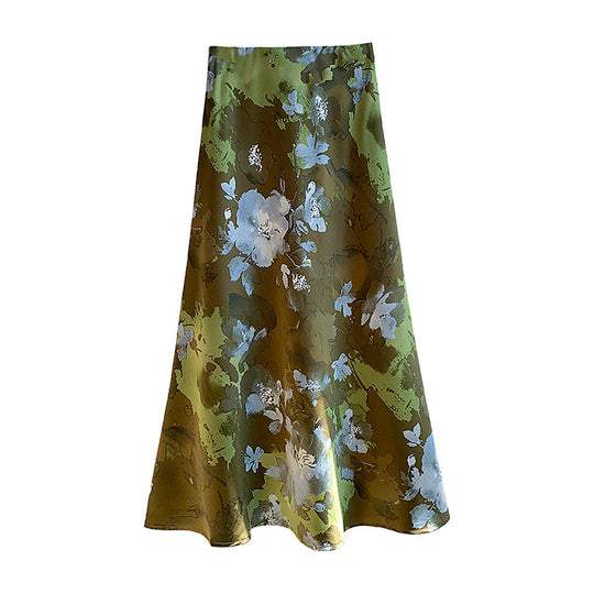Damen  fließender Midirock mit floralem Print und A-Linie aus satinähnlichem Stoff EB