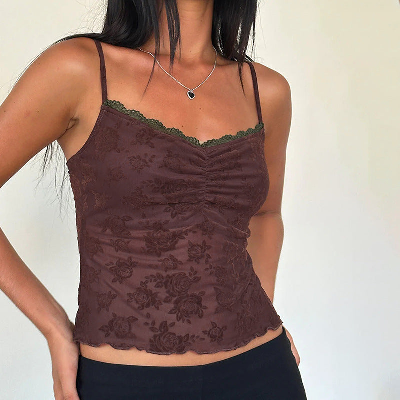 Damen Spitzen-Crop-Top mit floralem Design EB