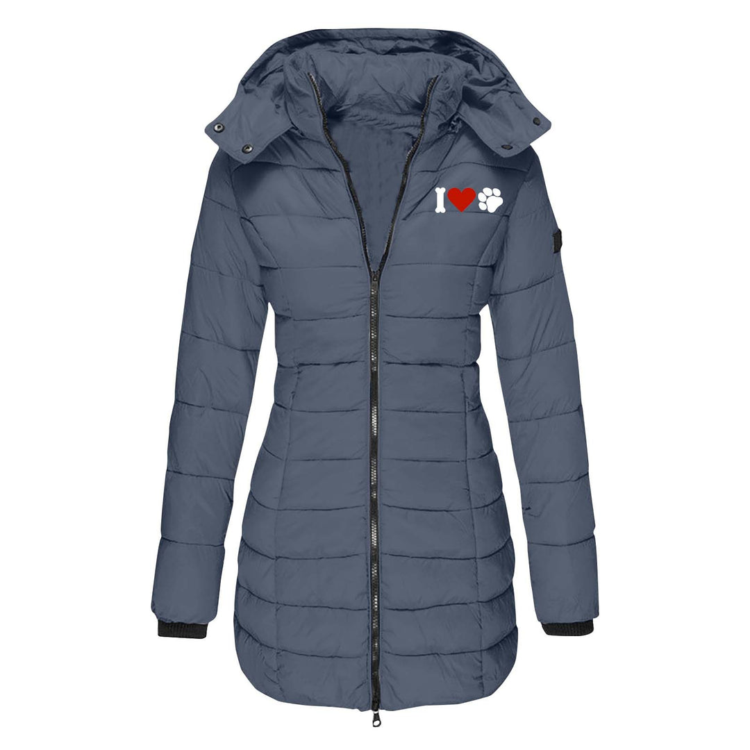 Damen nan gesteppte Steppjacke mit Kapuze, taillierter Silhouette und Herz-Pfoten-Print EB