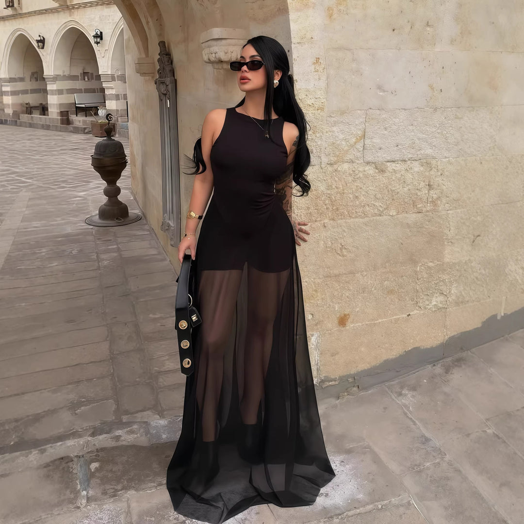 Damen Elegantes Maxi-Kleid mit transparentem Chiffon-Überwurf und figurbetontem Inneren EB