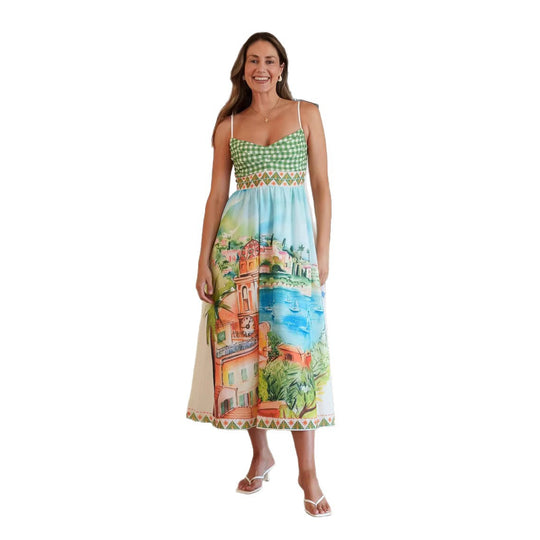 Damen Sommerliches Maxikleid mit handgezeichnetem Städte-Motiv und Kariertem Oberteil EB