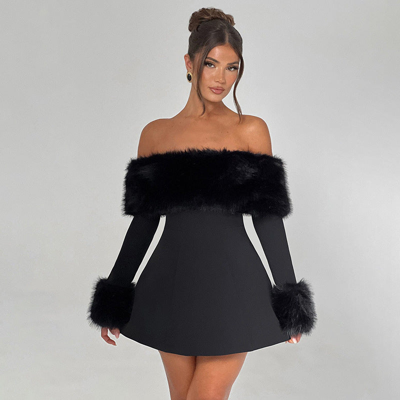 Damen Off-Shoulder Cocktailkleid mit eleganten Flauschesäumen EB