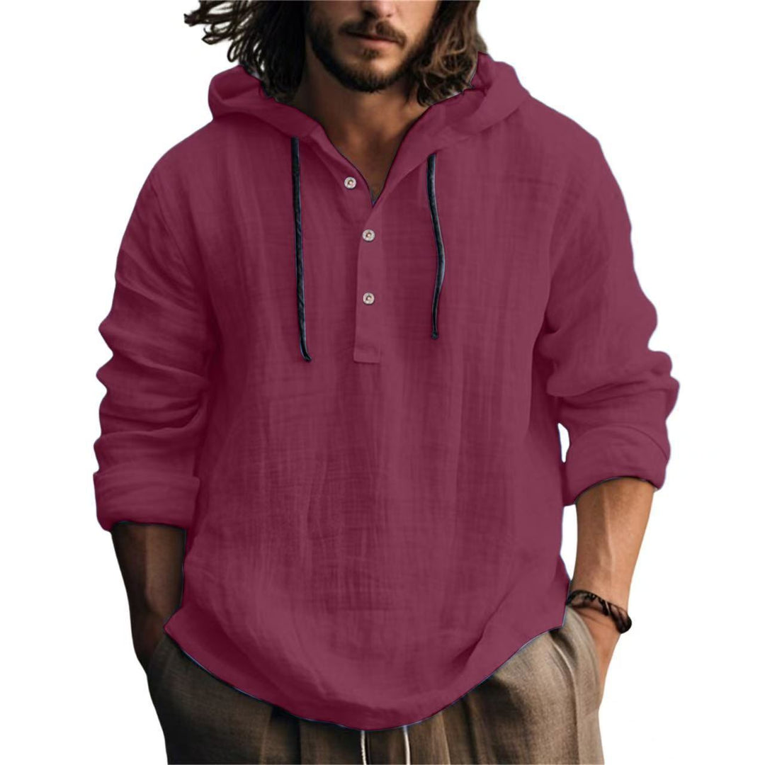 Herren nan Leichtes Kapuzenhemd im Leinenlook mit Henley-Knopfleiste EB