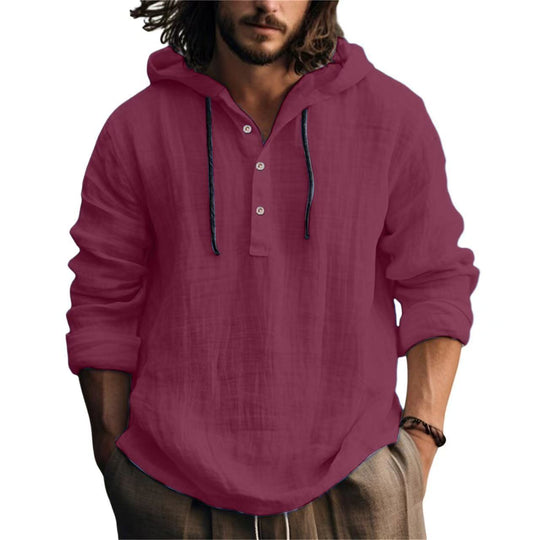 Herren nan Leichtes Kapuzenhemd im Leinenlook mit Henley-Knopfleiste EB