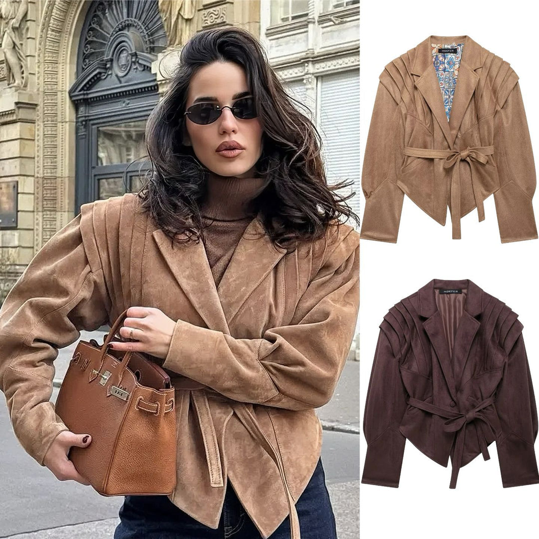 Damen nan taillierter Wildlederoptik Blazer mit Wickelgürtel und gerafften Schultern EB