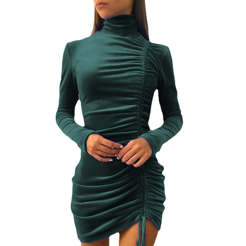 Damen figurbetontes Samtkleid mit Stehkragen und Raffung EB