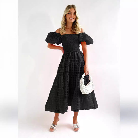 Damen Luftiges Maxikleid mit schwingendem Rock und voluminösen Puffärmeln EB