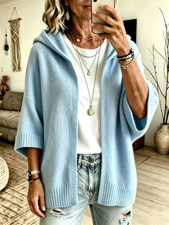 Damen Kapuzen-Longcardigan aus grobem Strick mit 3/4-Ärmeln und offener Front EB