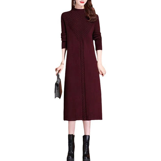 Damen Strickmaxikleid mit hohem Kragen und eleganten Zopfdetails EB