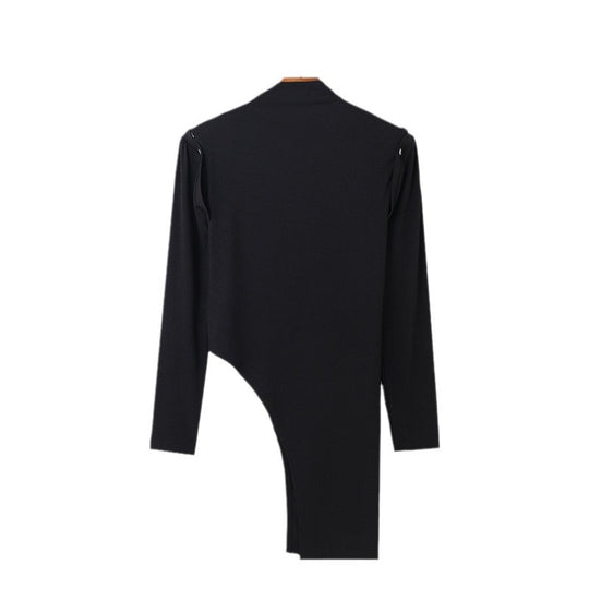 Damen Modisches Langarmkleid mit asymmetrischem Schnitt und elegantem Stehkragen EB