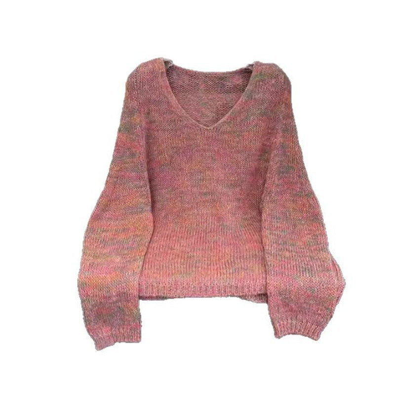 Damen leichter Strickpullover mit V-Ausschnitt und voluminösen Ärmeln EB