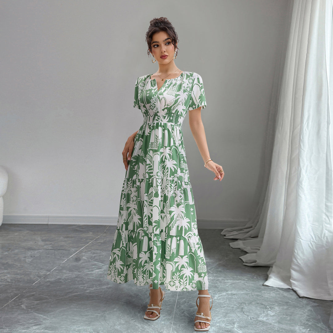 Damen Maxikleid mit tropischem Print und Rüschendetails EB