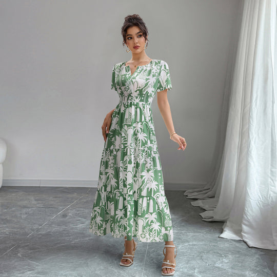 Damen Maxikleid mit tropischem Print und Rüschendetails EB