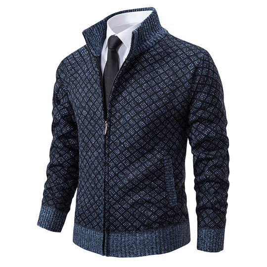 Herren nan gemusterte Strickjacke mit Stehkragen und durchgehendem Reißverschluss EB