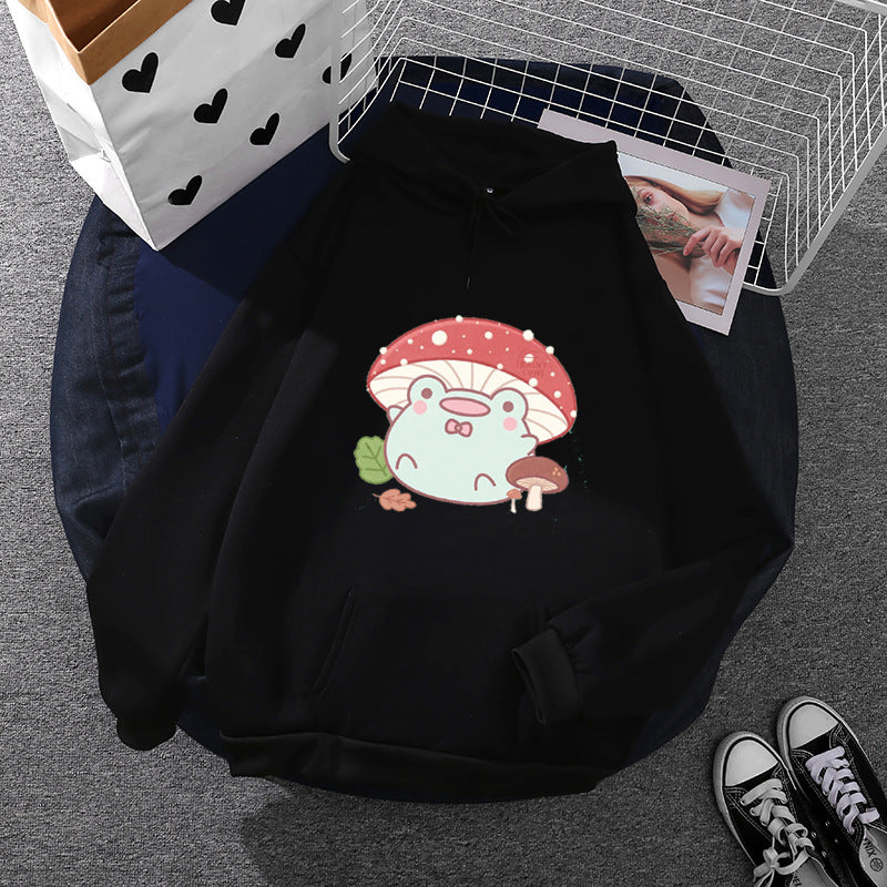 Damen nan weicher Oversize-Kapuzenpullover mit kawaii Pilzfrosch-Print, Kängurutasche und gerippten Bündchen EB