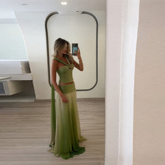 Damen schickes Maxikleid mit geflochtenem Oberteil und fließendem Rock EB