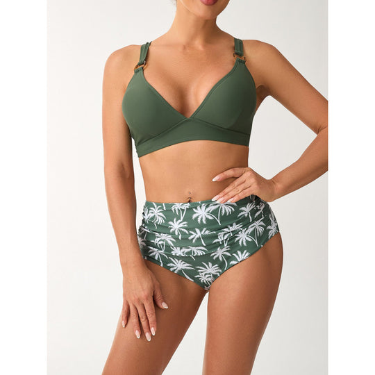 Damen Bikini-Set mit hohem Bund und modischem Palmendruck EB