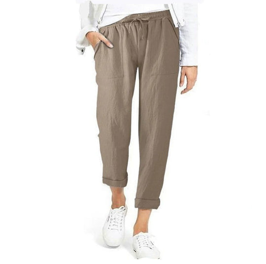 Damen entspannte Leinenhose mit elastischem Bund und praktischen Taschen EB