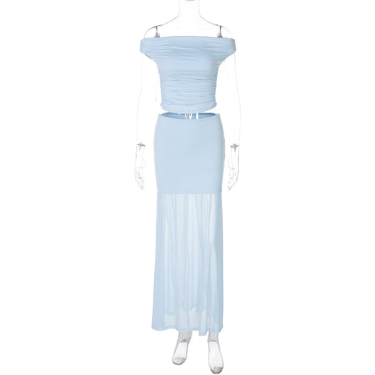 Damen Elegantes Off-Shoulder Maxikleid mit gerafftem Oberteil EB