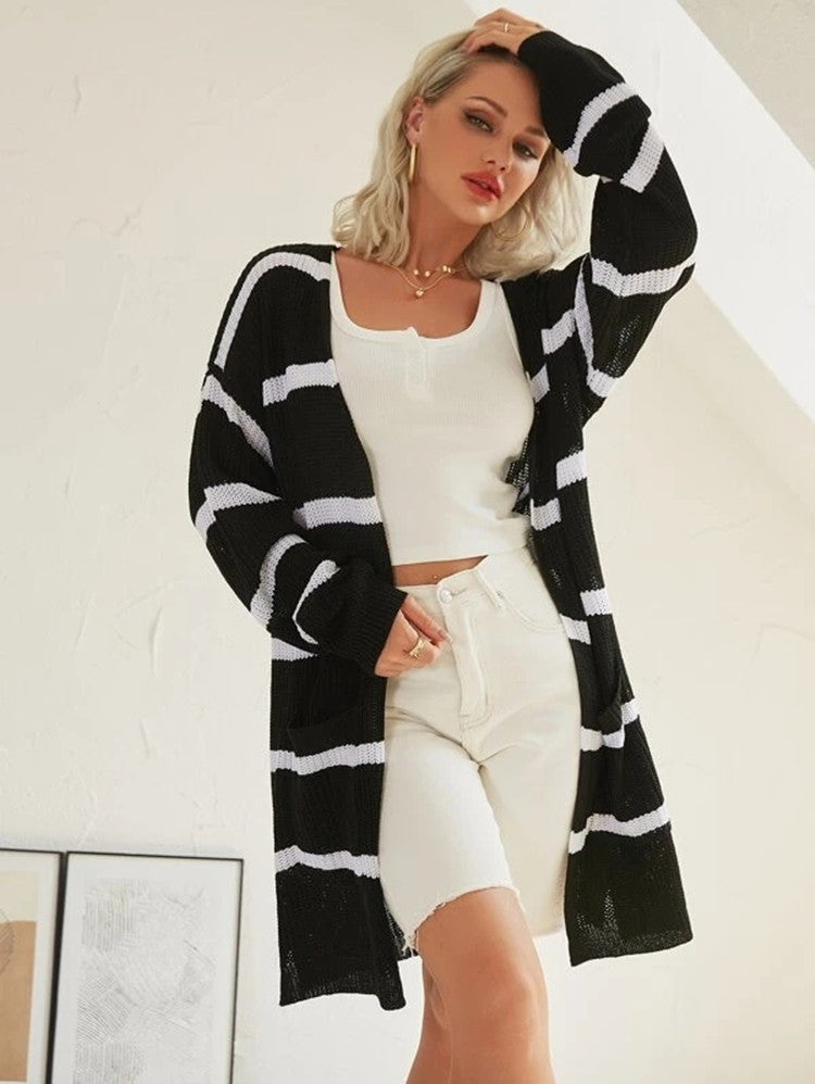 Damen Langer Strickcardigan mit Streifenmuster und offenem Design EB