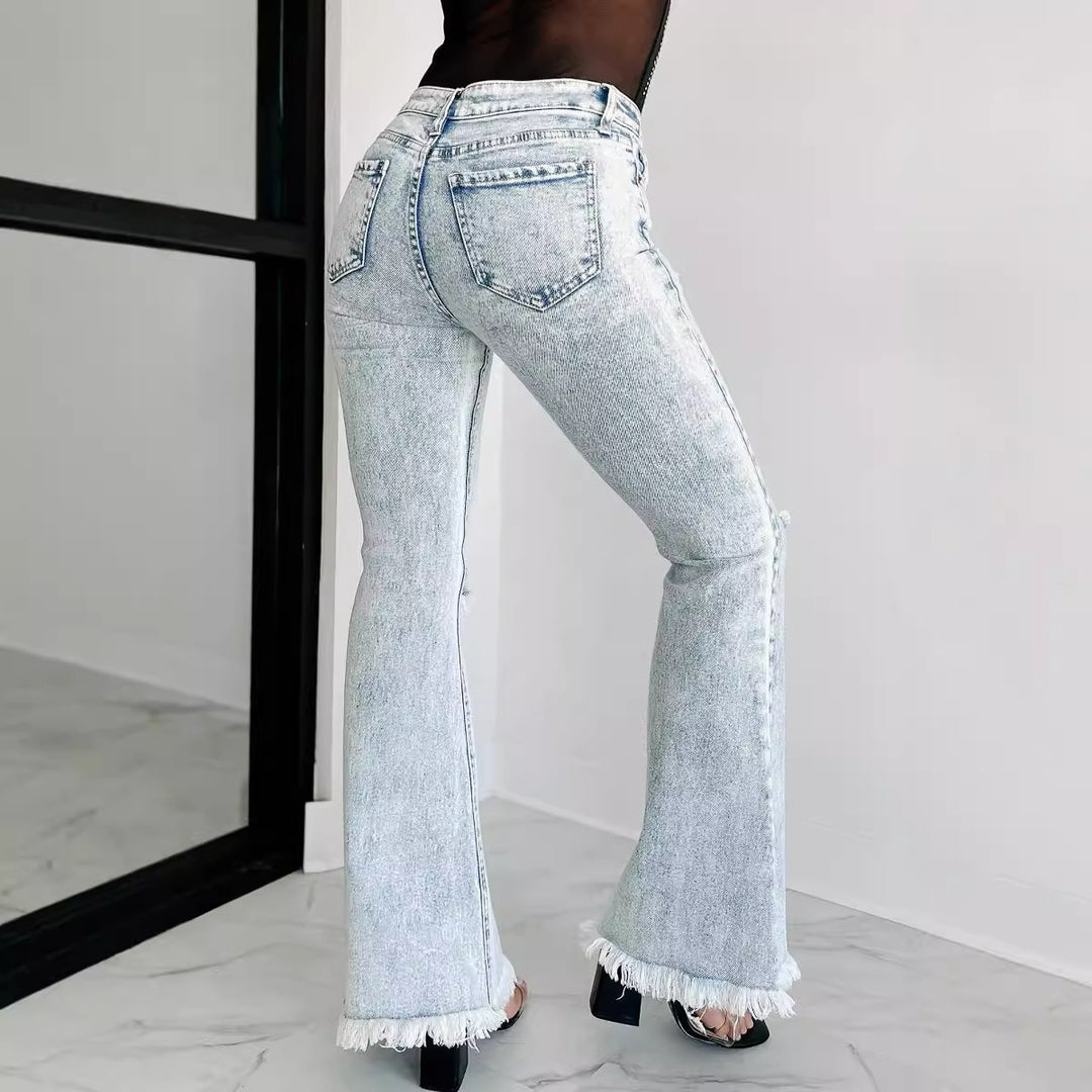 Damen Flared Jeans mit modischen Fransen und Rissen EB