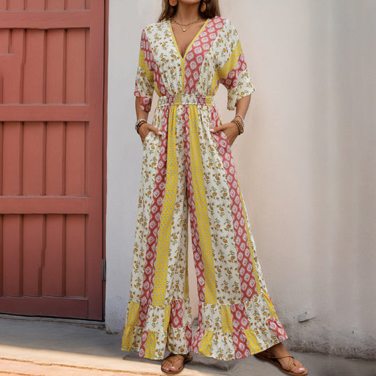 Damen Maxi-Jumpsuit mit floralen Mustern und voluminösen Ärmeln EB