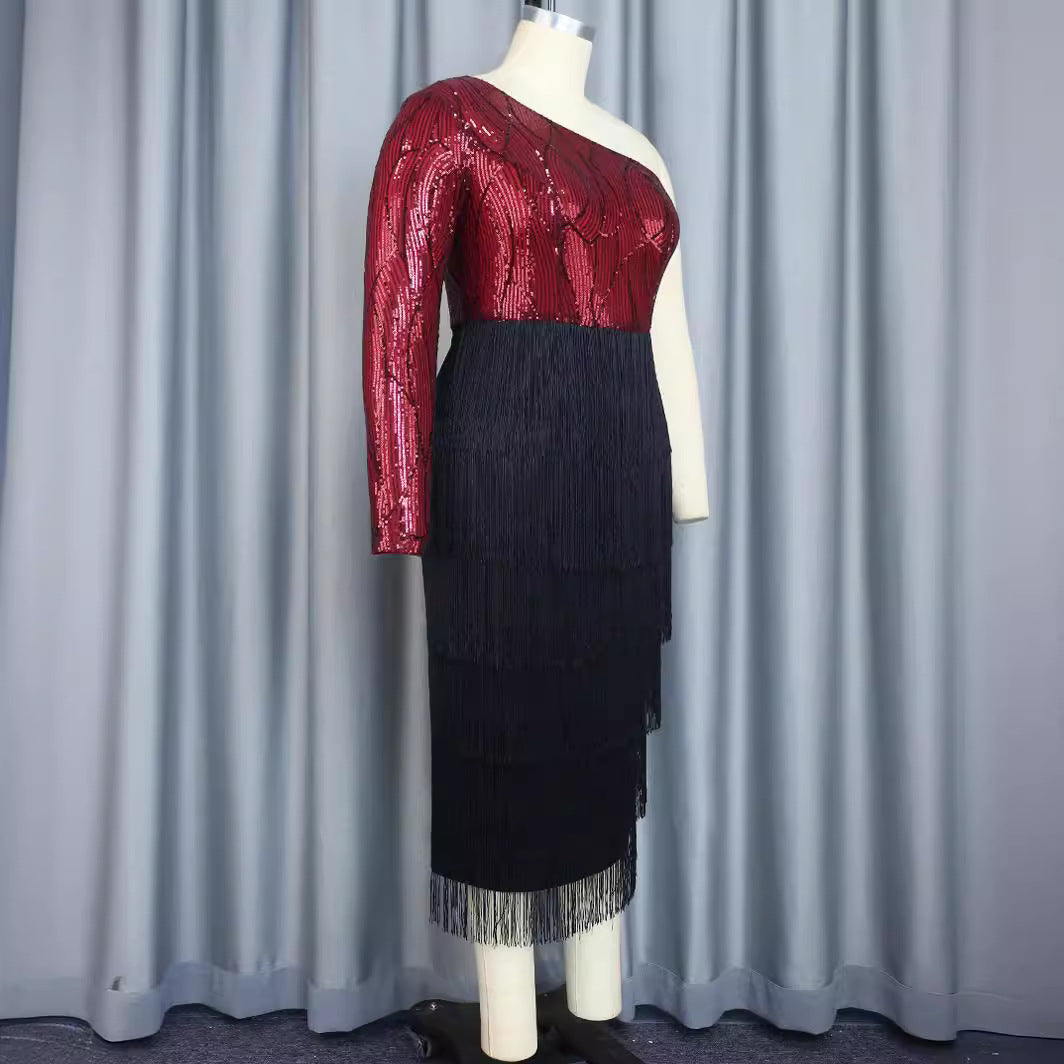 Damen Elegantes Cocktailkleid mit funkelnden Pailletten und Fransen EB